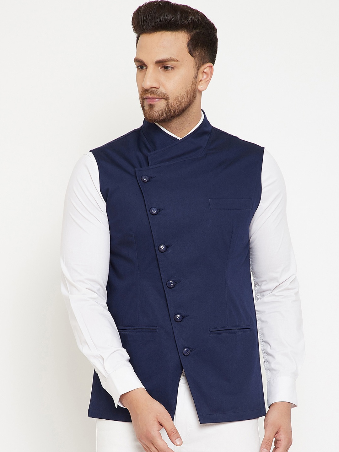 

Hypernation Woven Pure Cotton Nehru Jacket, Navy blue