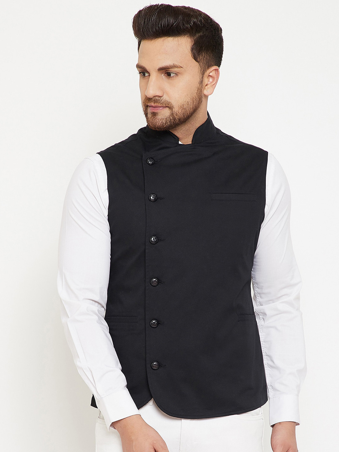 

Hypernation Woven Pure Cotton Nehru Jacket, Black