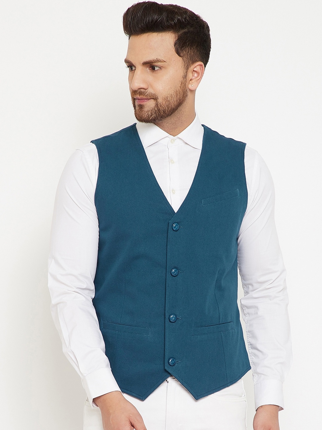 

Hypernation Men Single-Breasted Pure Cotton Waistcoat, Teal