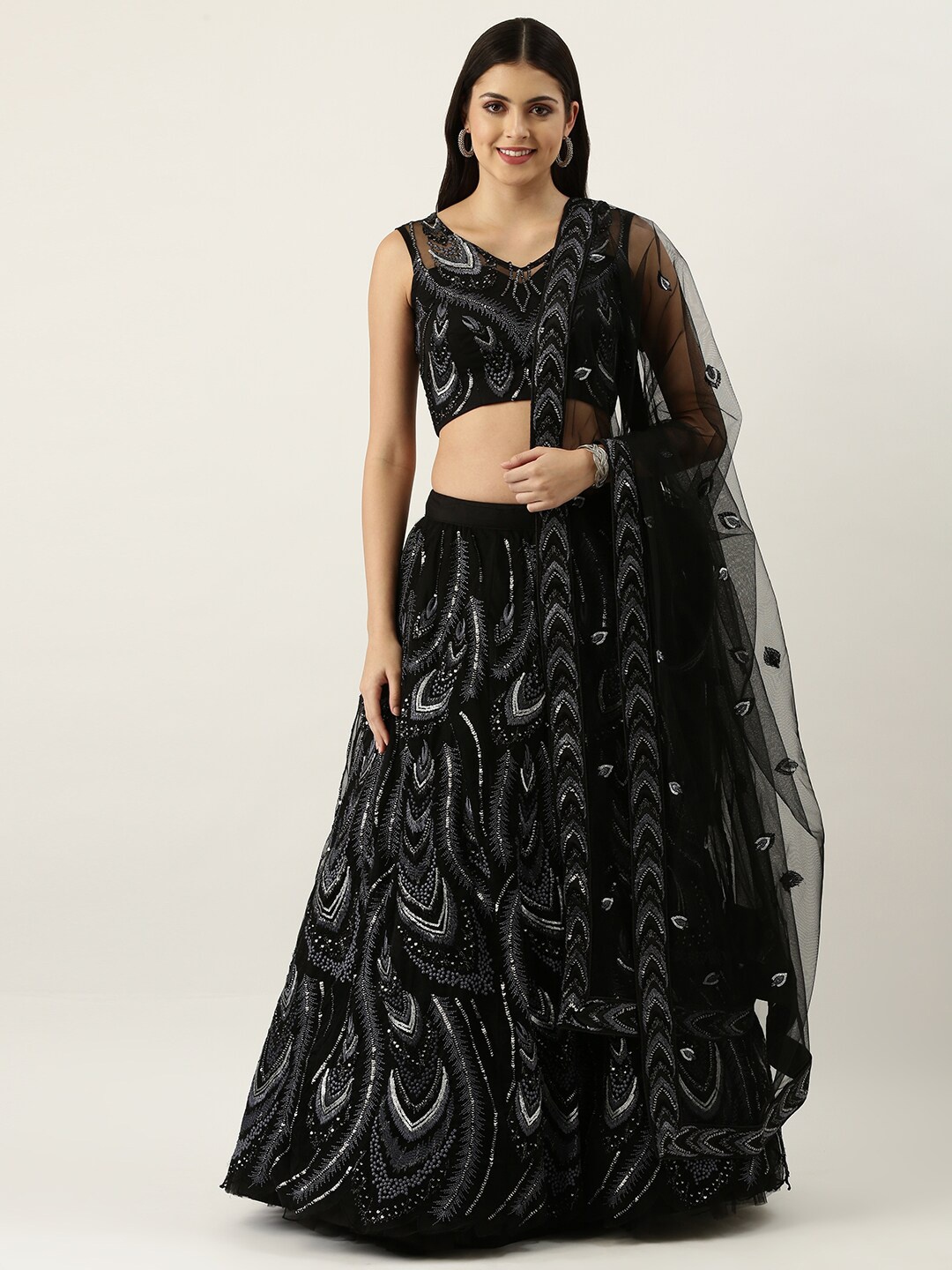 

panchhi Embroidered Sequinned Semi-Stitched Lehenga & Unstitched Blouse With Dupatta, Black