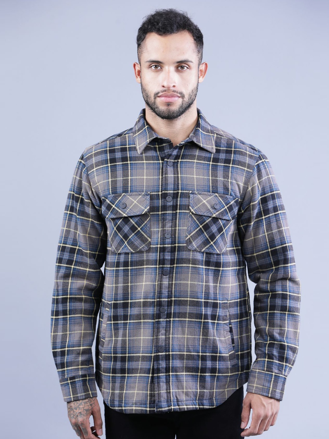 

t-base Tartan Checks Cotton Casual Shirt, Navy blue