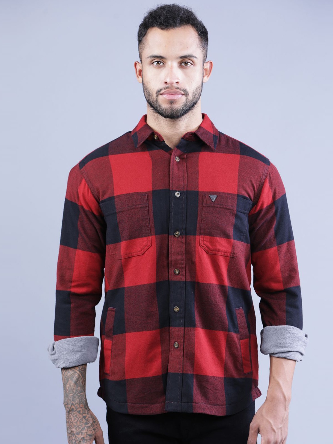 

t-base Checked Spread Collar Cotton Casual Shirt, Red