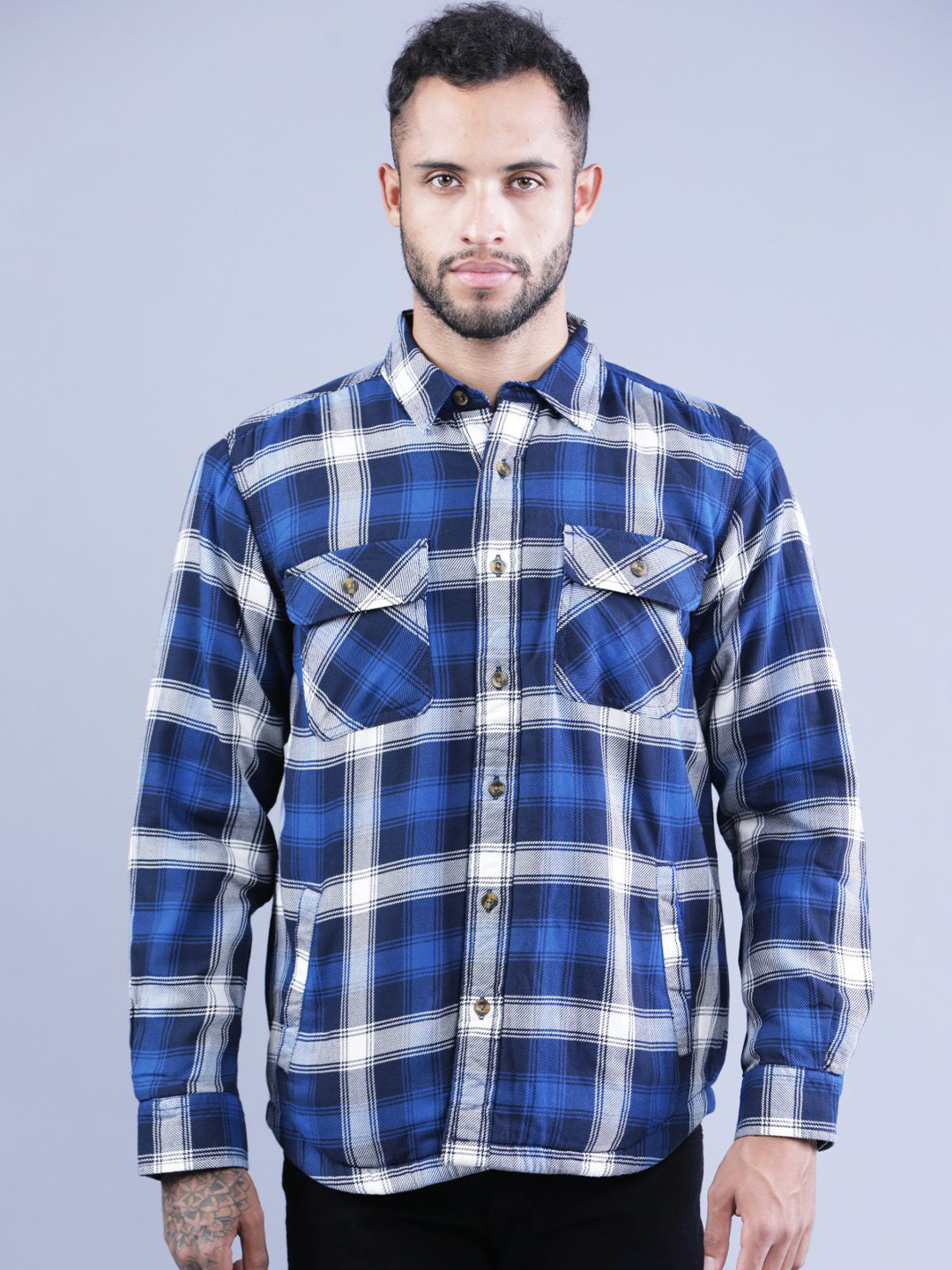 

t-base Shepherd Checks Checked Cotton Casual Shirt, Navy blue