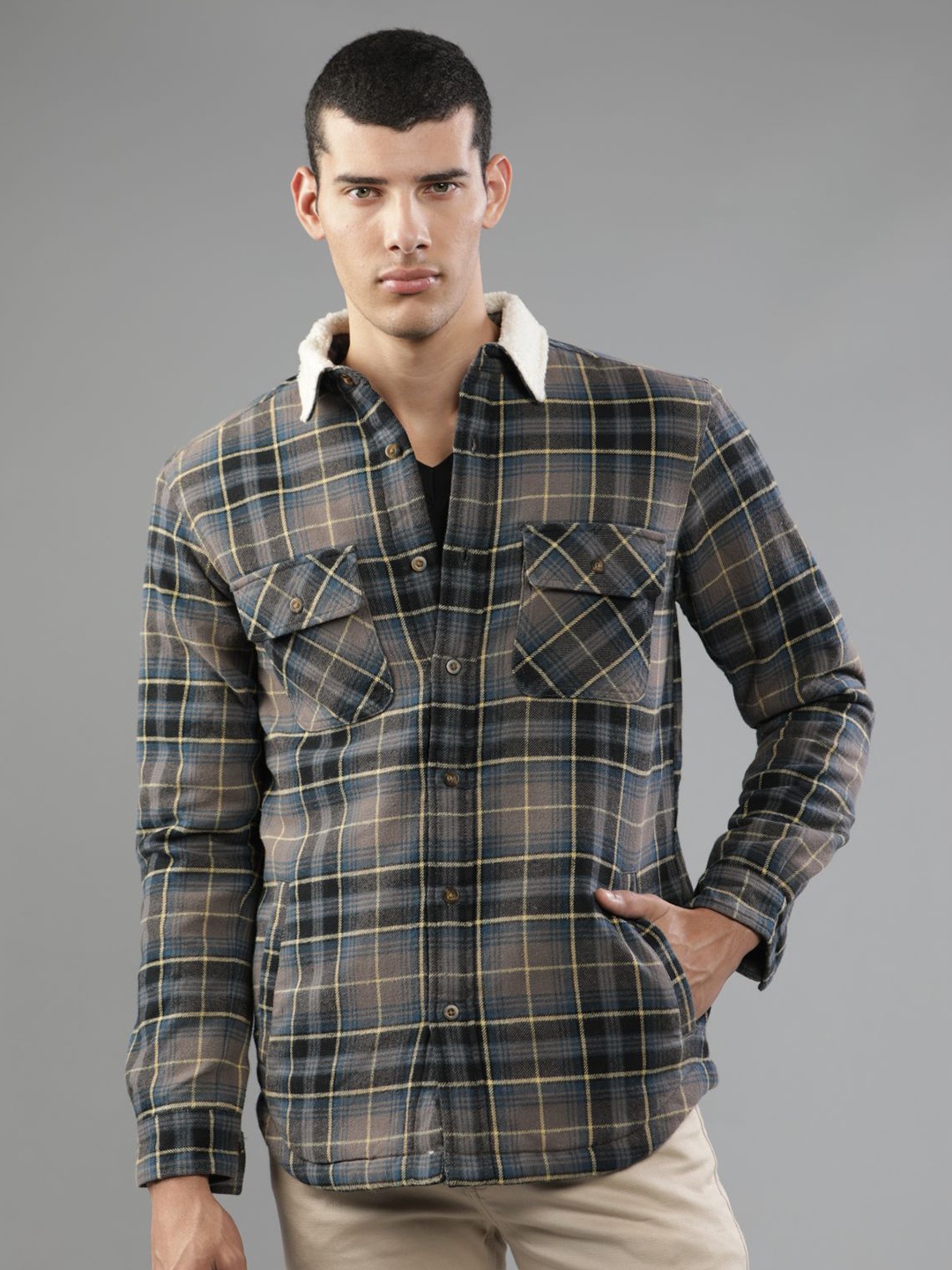 

t-base Long Sleeves Flap Pockets Tartan Checked Casual Cotton Shirt, Beige