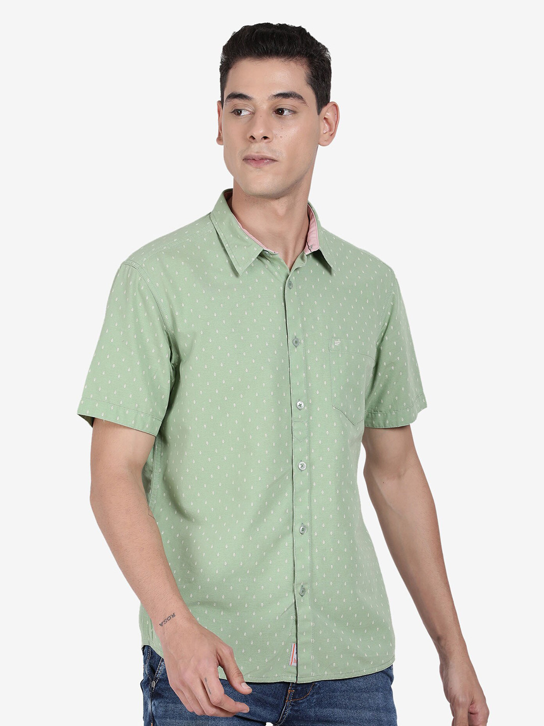 

t-base Micro Ditsy Printed Cotton Casual Shirt, Green