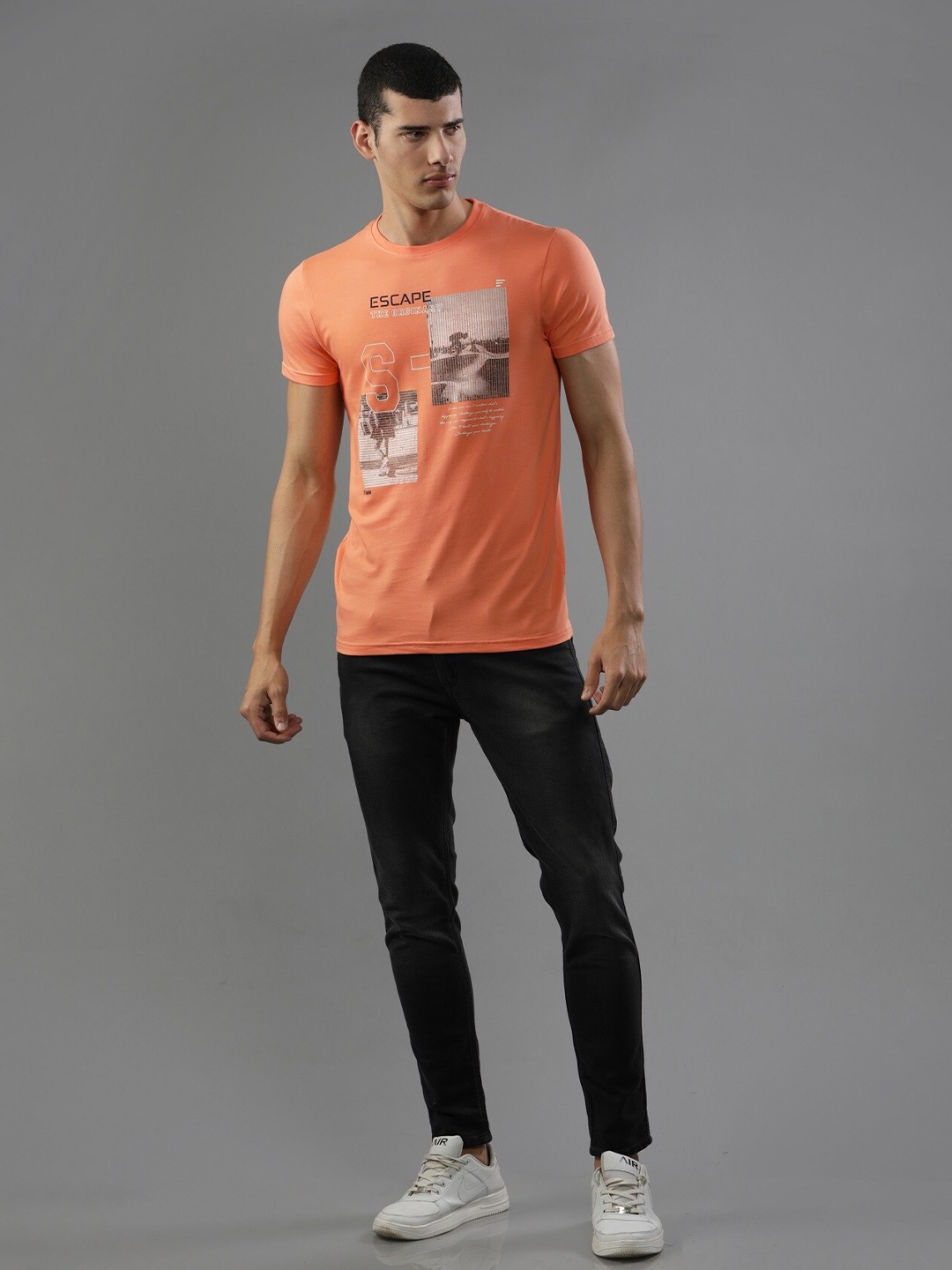 

t-base Typography Printed Cotton T-shirt, Orange