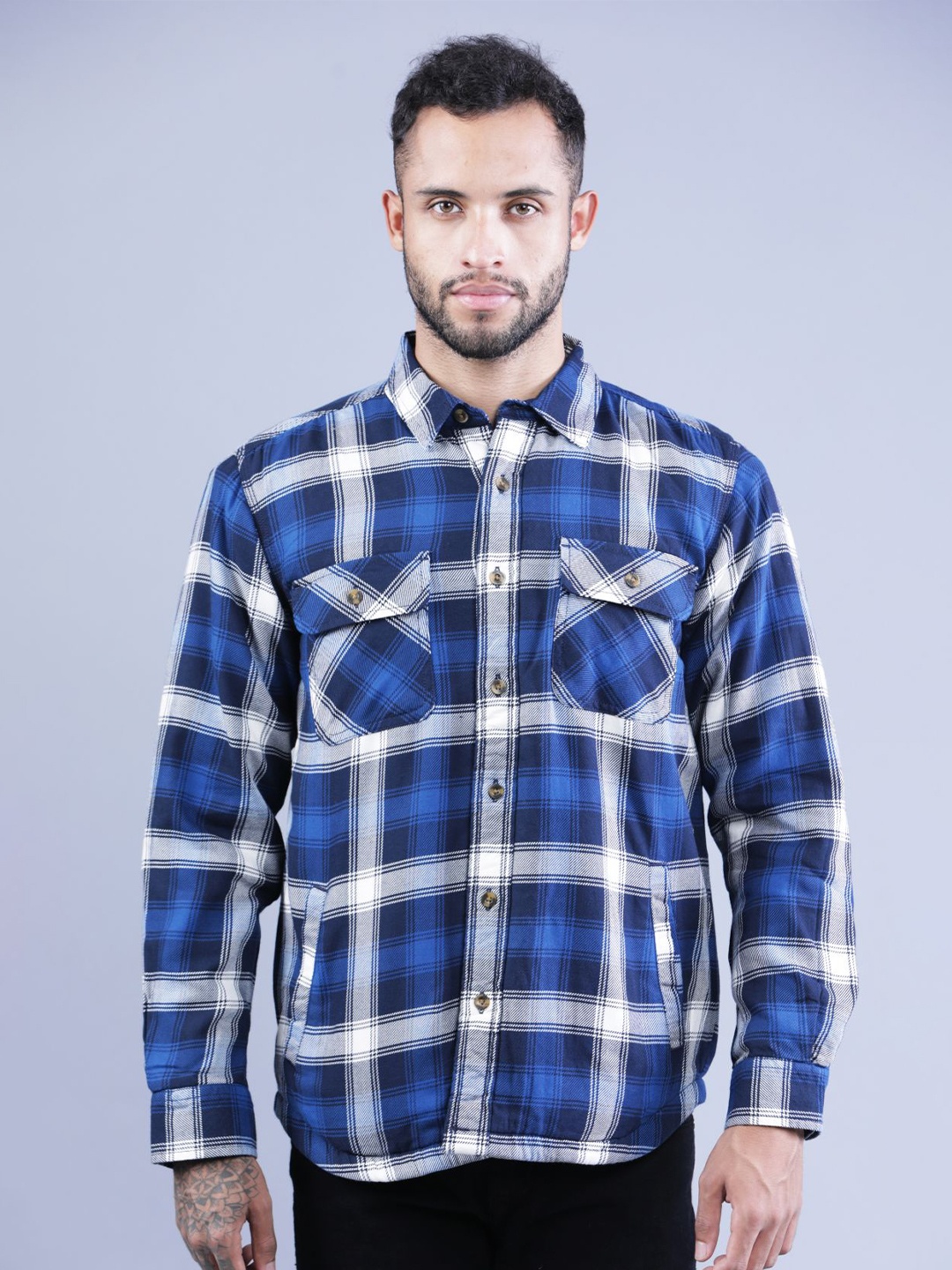 

t-base Shepherd Checks Checked Cotton Casual Shirt, Navy blue