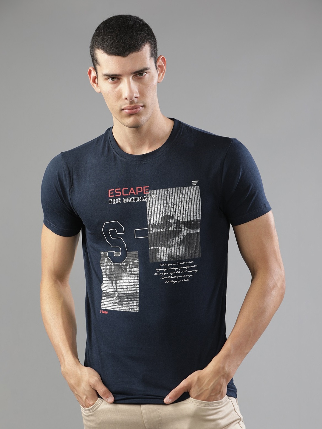 

t-base Typography Printed Cotton Slim Fit T-shirt, Navy blue