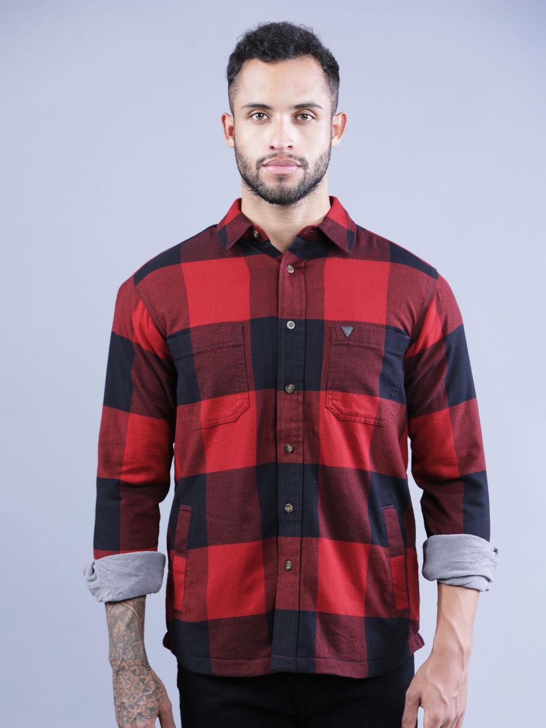 

t-base Patch Pockets Checked Casual Cotton Shirt, Red