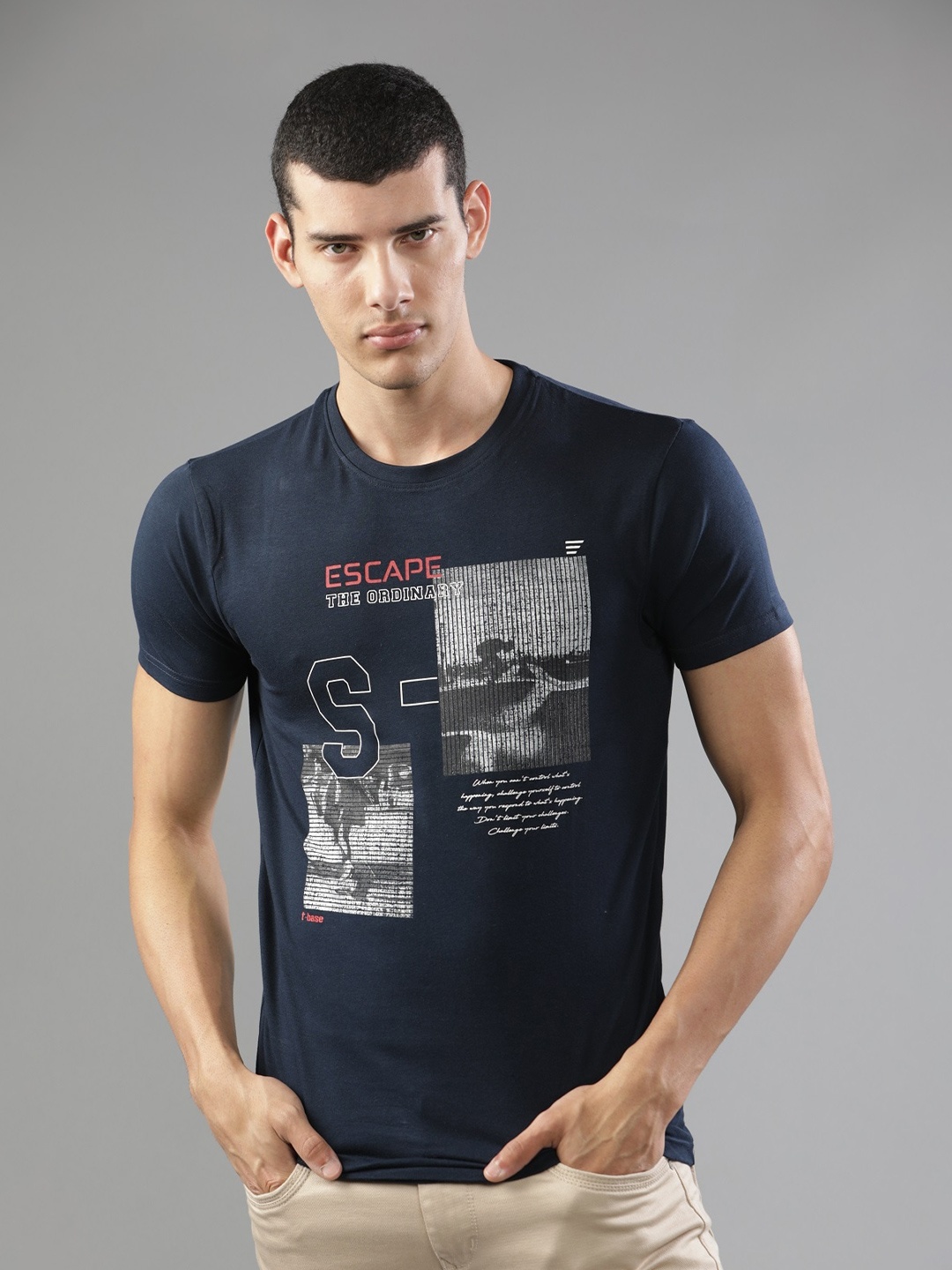 

t-base Typography Printed Cotton T-shirt, Navy blue