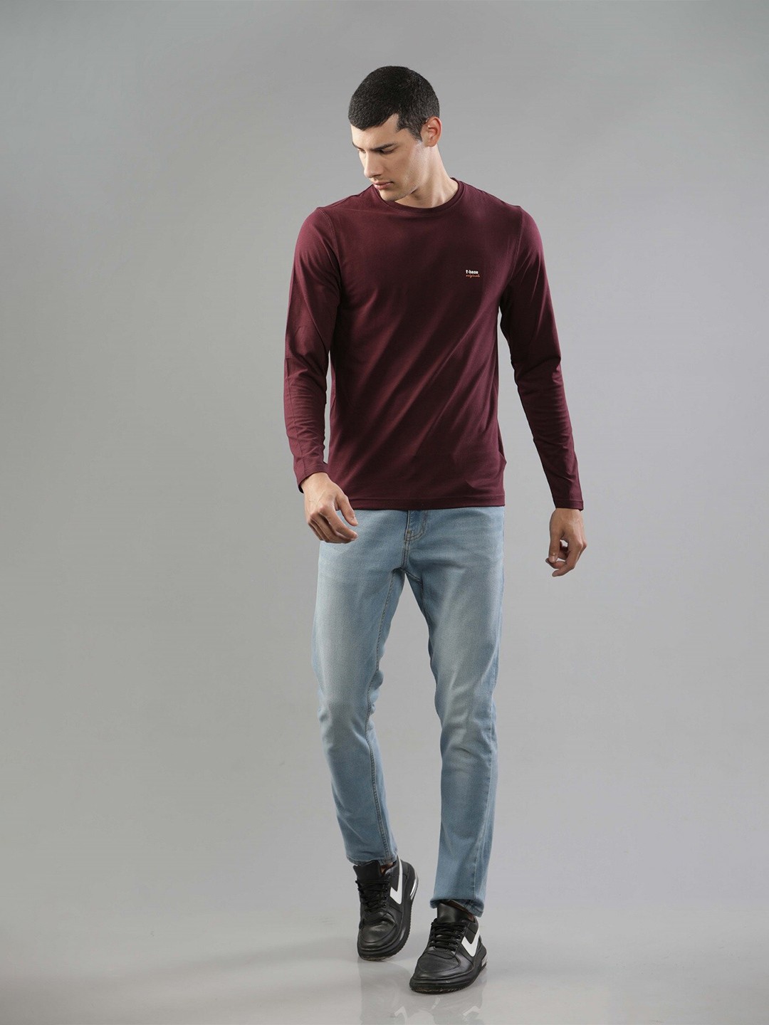 

t-base Round Neck Long Sleeves Cotton T-shirt, Maroon