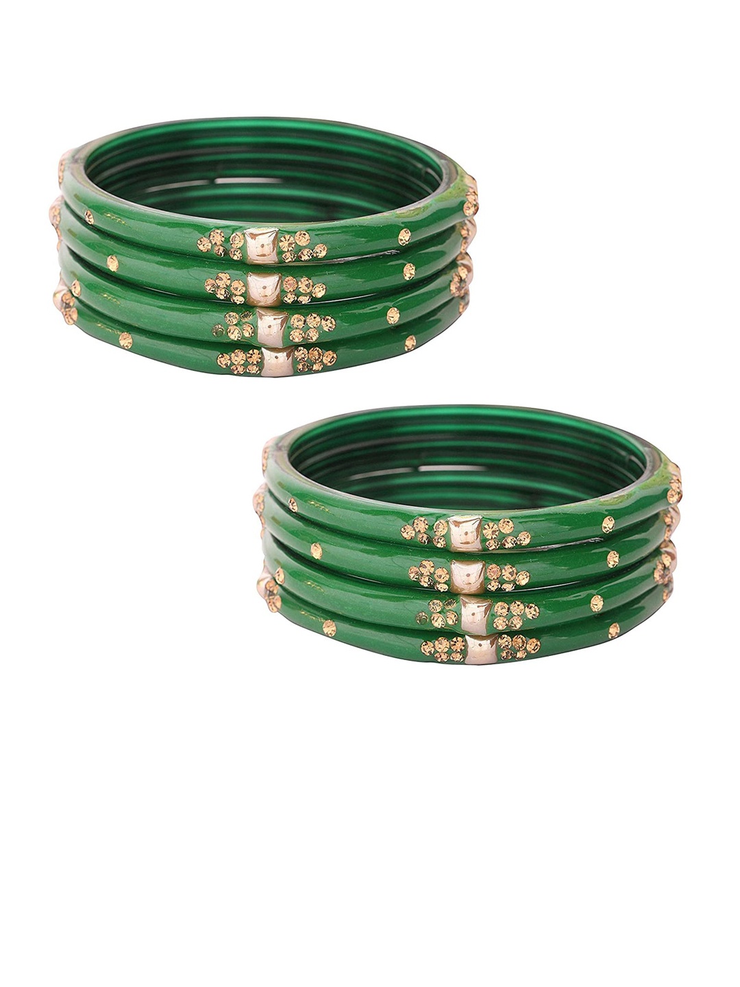 

NMII Set Of 8 Gold Plated Zircon Gemstone Studded & Beaded Glass Bangles, Green