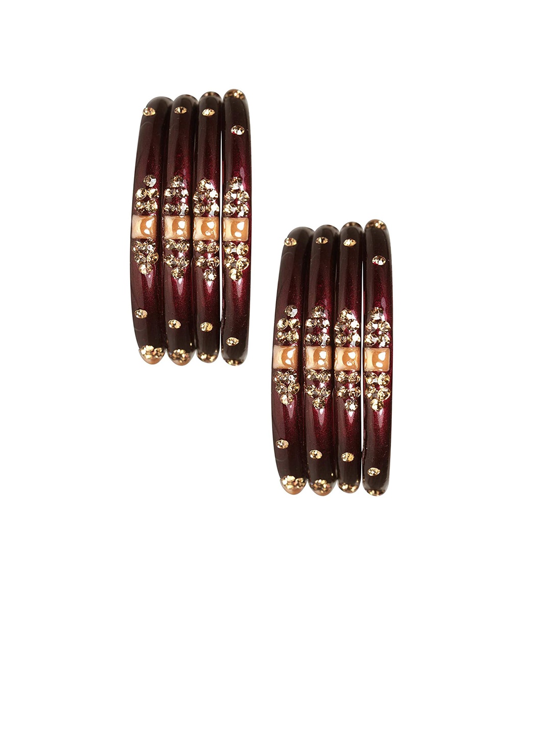 

NMII Set Of 8 Gold Plated Zircon Gemstone Studded & Beaded Glass Bangles, Maroon