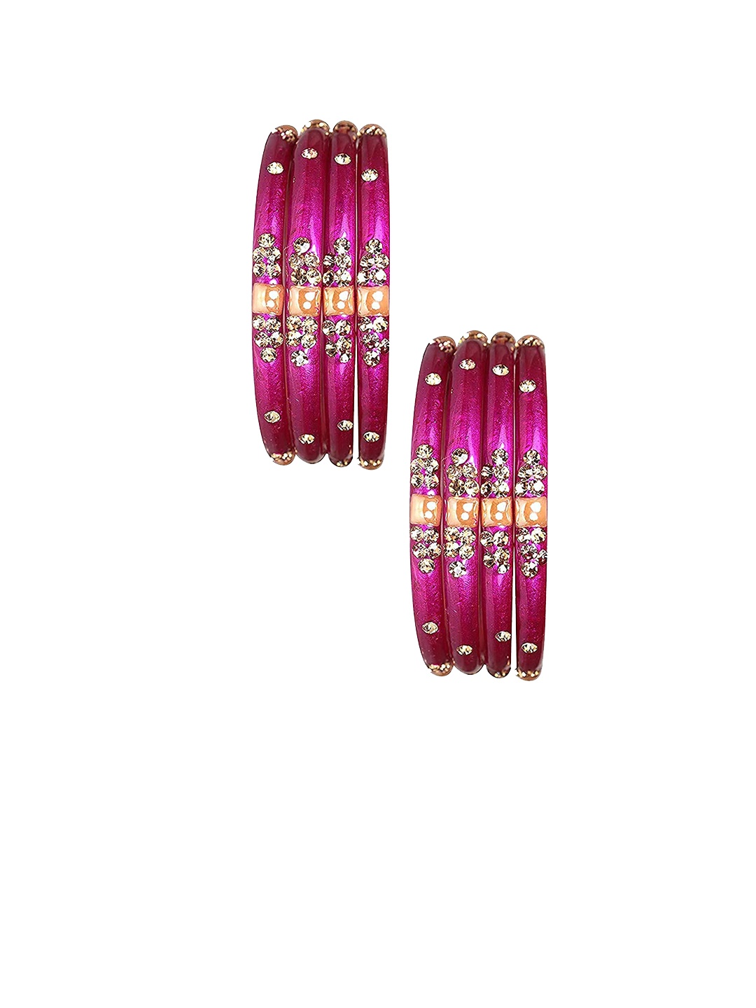 

NMII Set Of 8 Gold Plated Zircon Gemstone Studded & Beaded Glass Bangles, Magenta