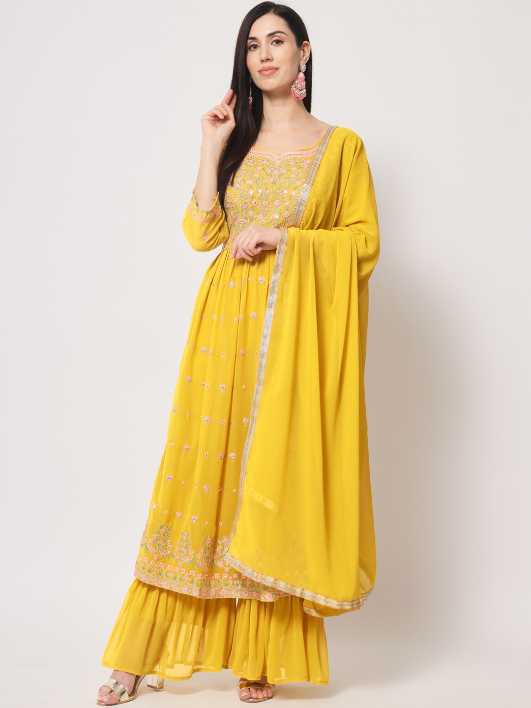 

KALINI Floral Embroidered Thread Work Kurta with Palazzos & Dupatta, Yellow