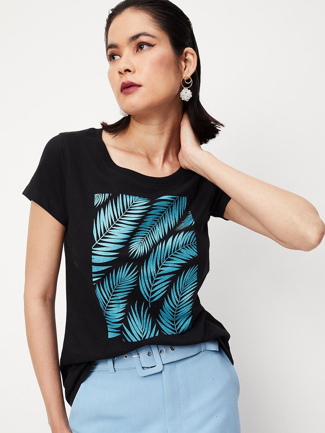

max Tropical Printed Round Neck Cotton T-shirt, Black