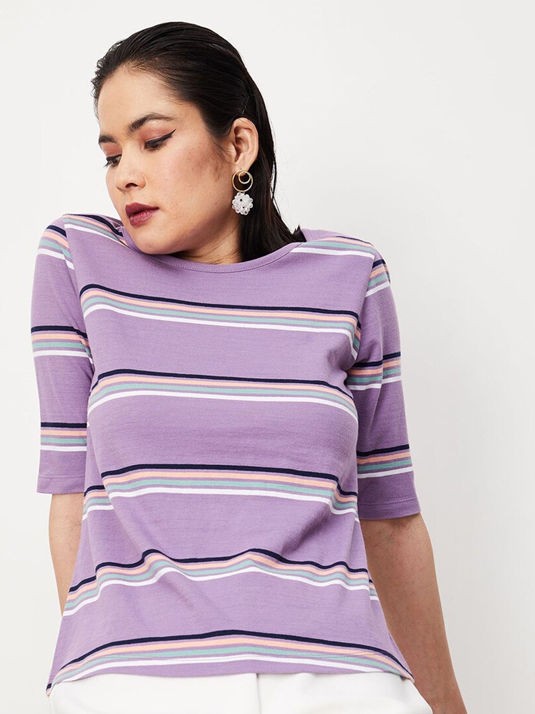 

max Striped Pure Cotton T-shirt, Purple