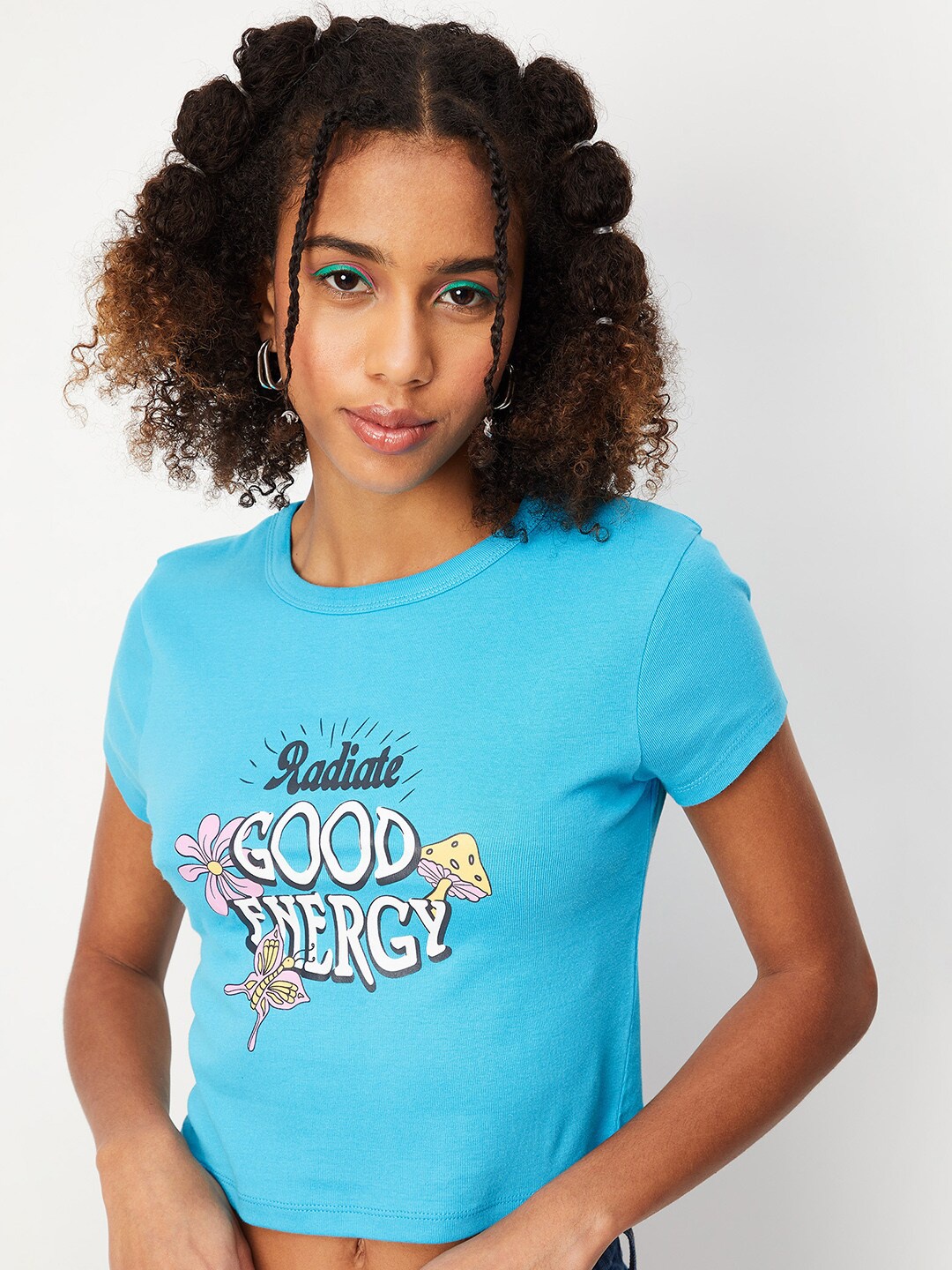 max Typography Printed Pure Cotton T-shirt, Blue