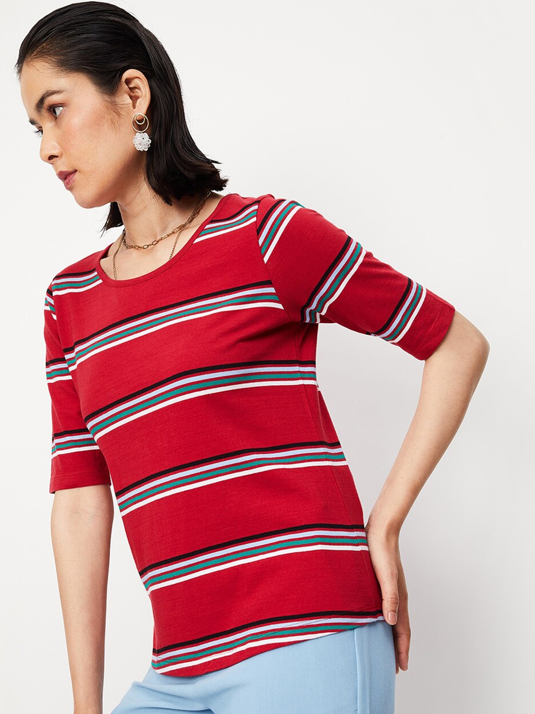 

max Striped Pure Cotton T-shirt, Red
