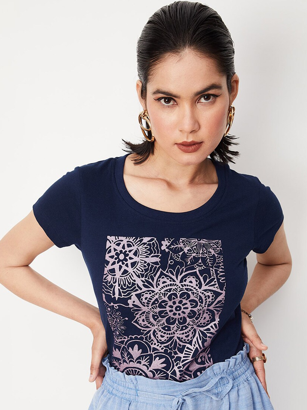 

max Floral Printed Pure Cotton T-shirt, Navy blue