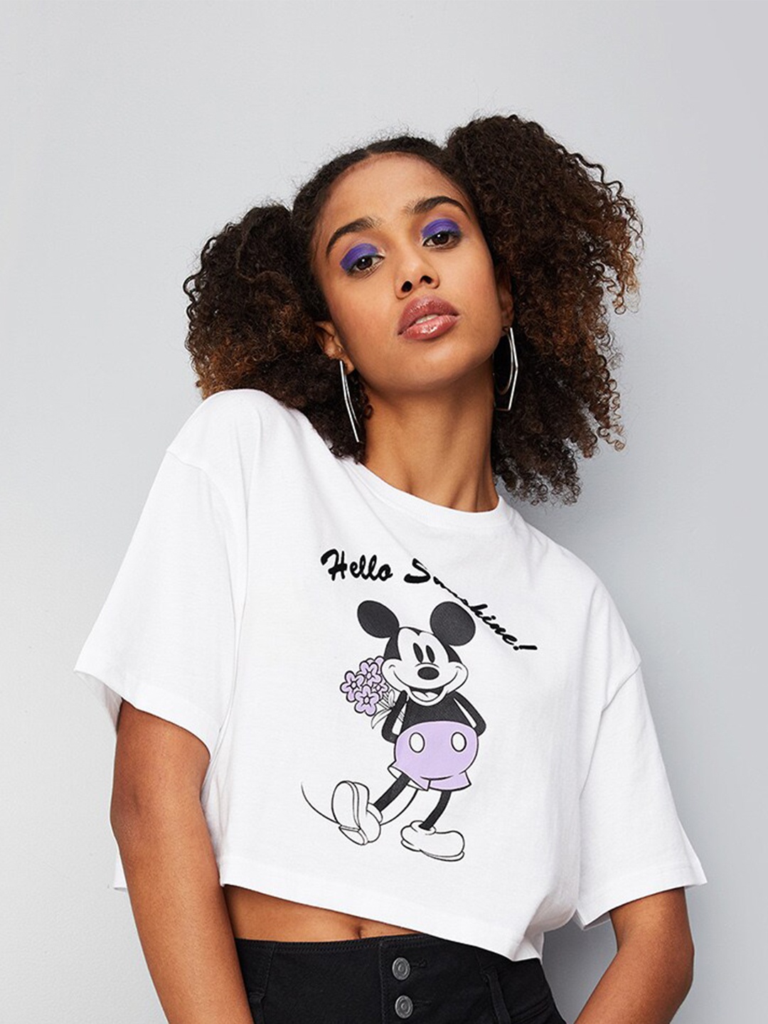 

max Mickey Mouse Printed Pure Cotton Crop T-shirt, White