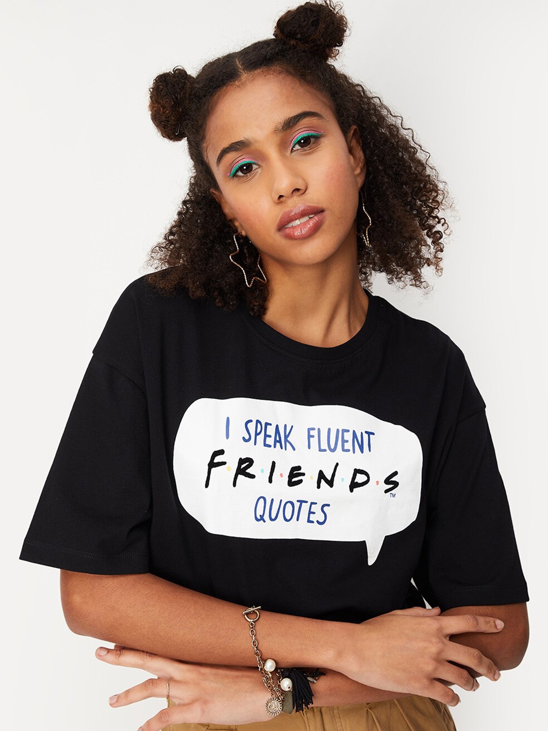 

max Typography Printed Drop-shoulder Crop Pure Cotton T-shirt, Black