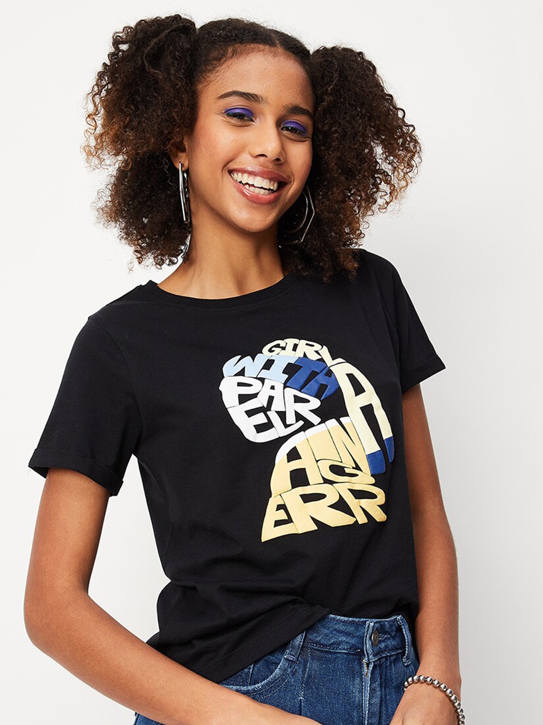

max Women Typography Printed Pure Cotton T-shirt, Black