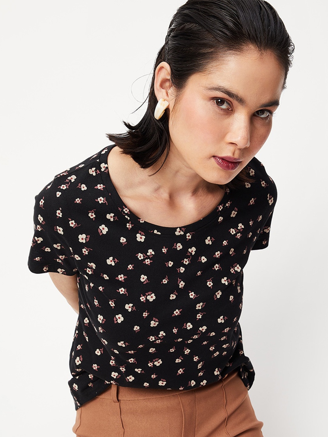 

max Floral Printed Pure Cotton T-shirt, Black