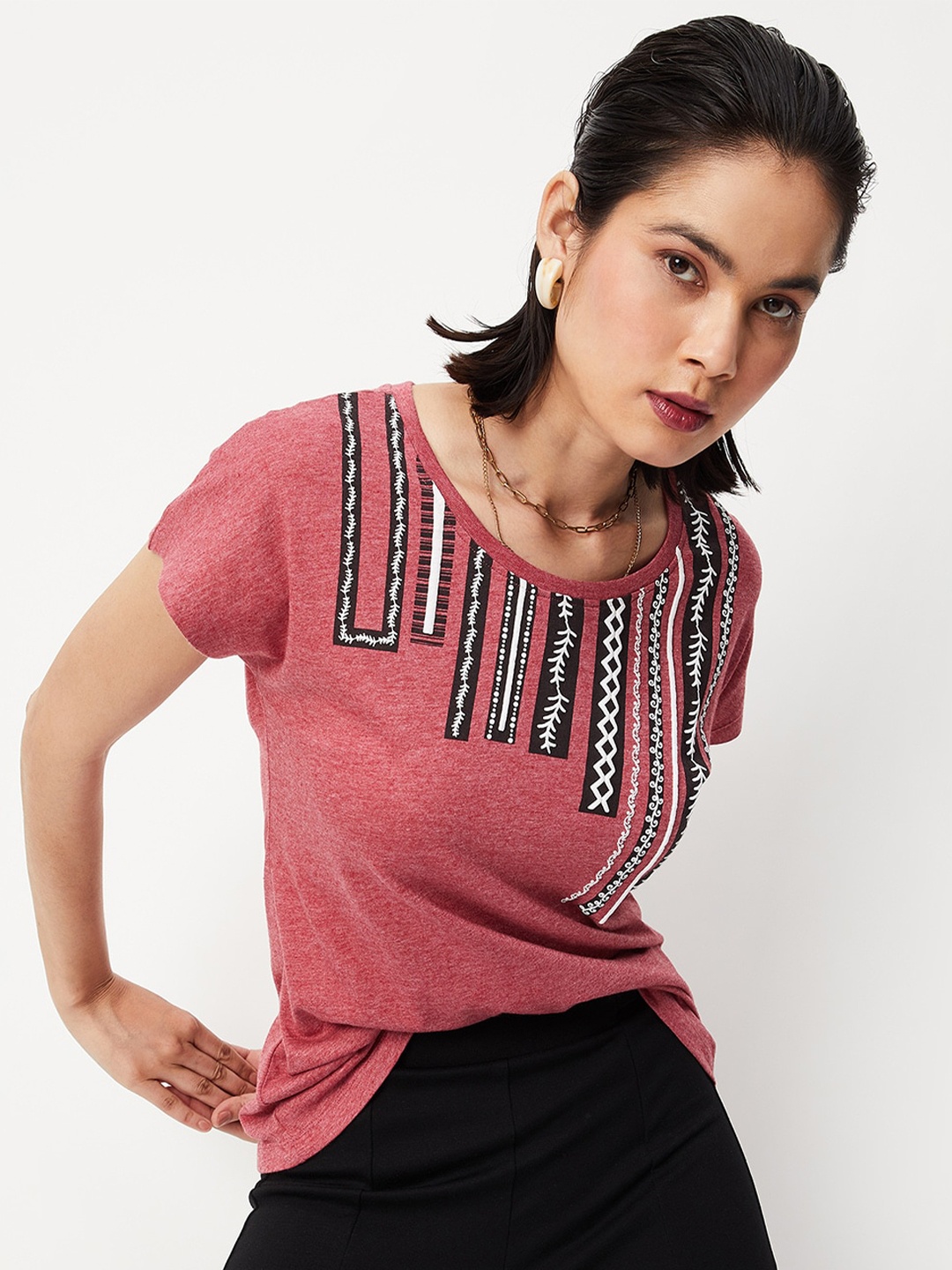 

max Tribal Printed Extended Sleeves Pure Cotton T-shirt, Red