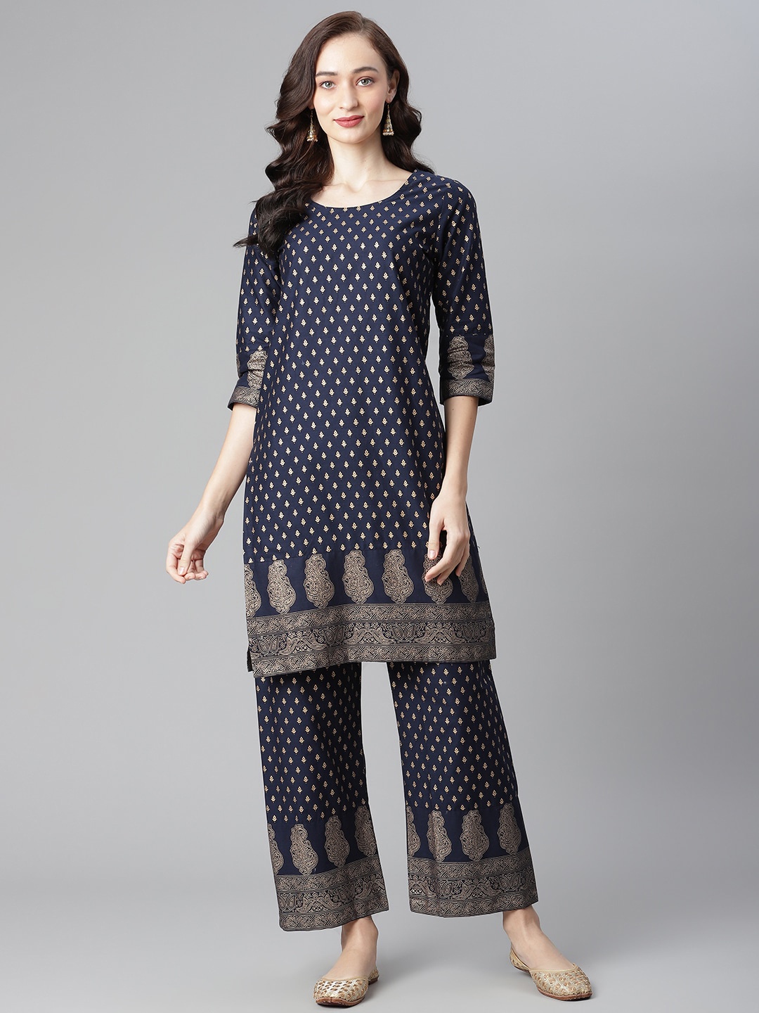 

Poshak Hub Ethnic Motifs Printed Pure Cotton Straight Kurta with Palazzos, Navy blue