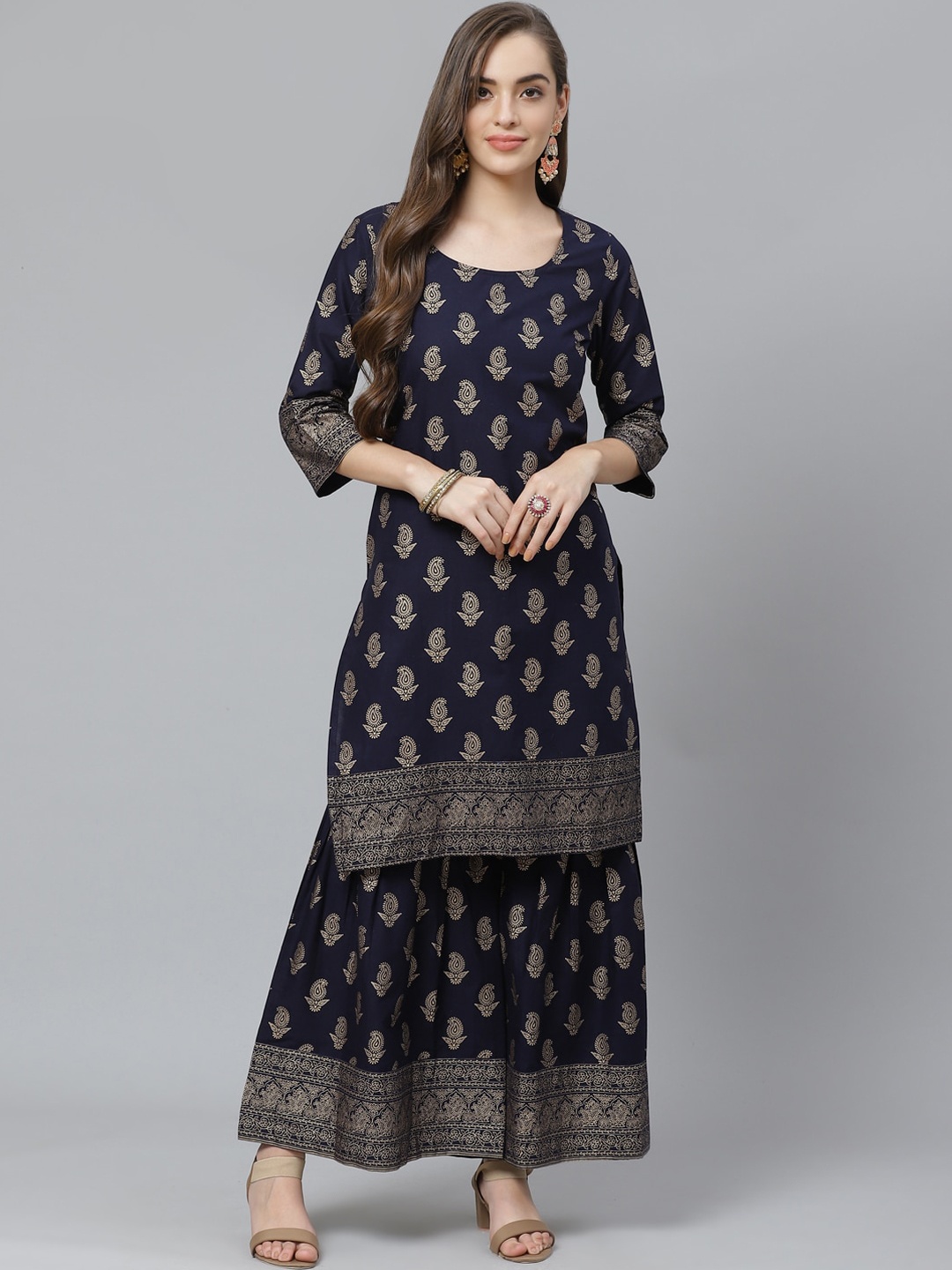 

Poshak Hub Paisley Printed Pure Cotton Kurta with Sharara, Navy blue