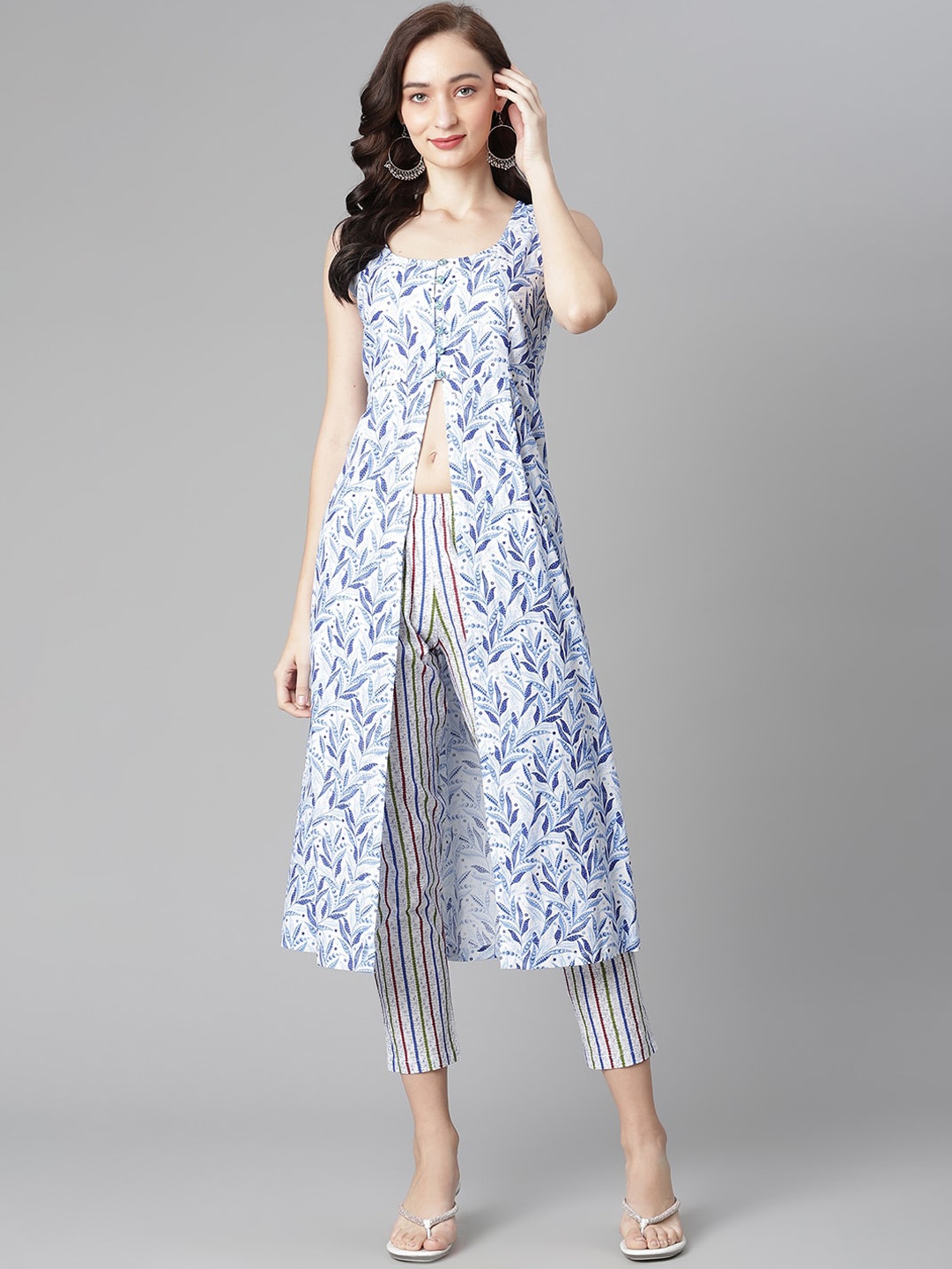 

Poshak Hub Floral Printed High Slit Pure Cotton Kurta with Trousers, Blue