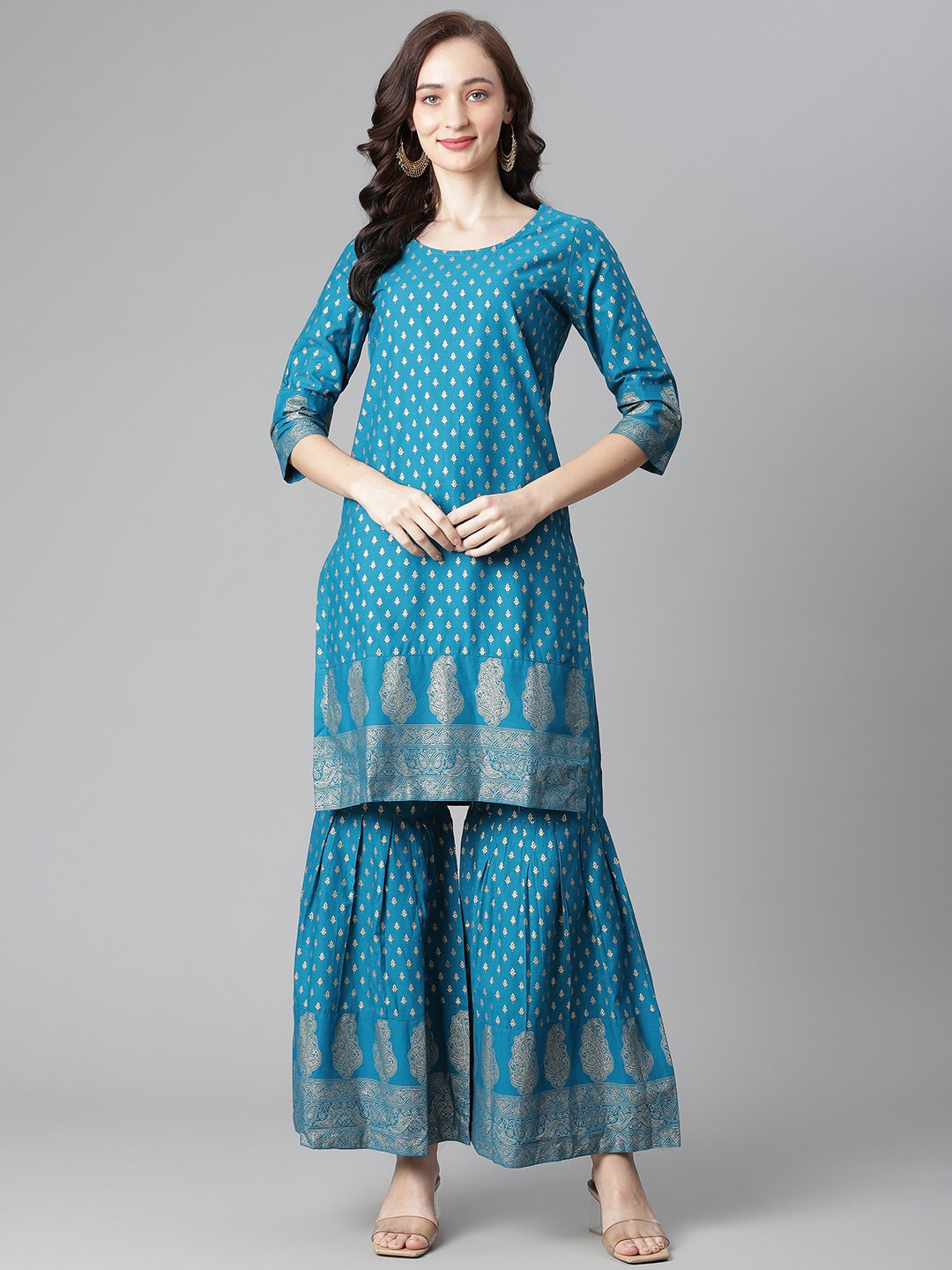 

Poshak Hub Ethnic Motifs Printed Pure Cotton Kurta with Sharara, Blue