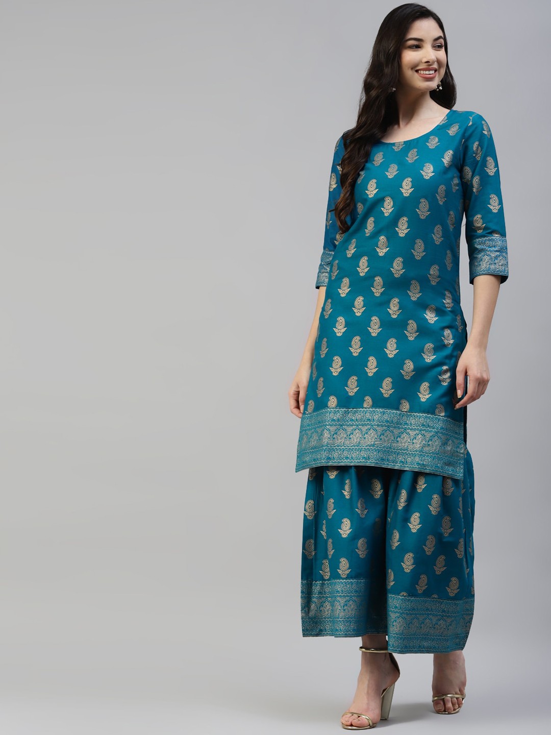 

Poshak Hub Ethnic Motifs Printed Pure Cotton Kurta with Sharara, Turquoise blue
