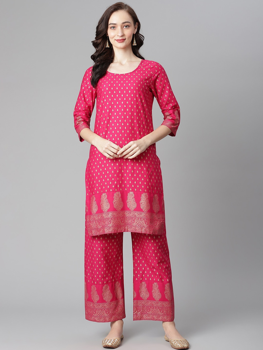 

Poshak Hub Ethnic Motifs Printed Pure Cotton Straight Kurta with Palazzos, Pink