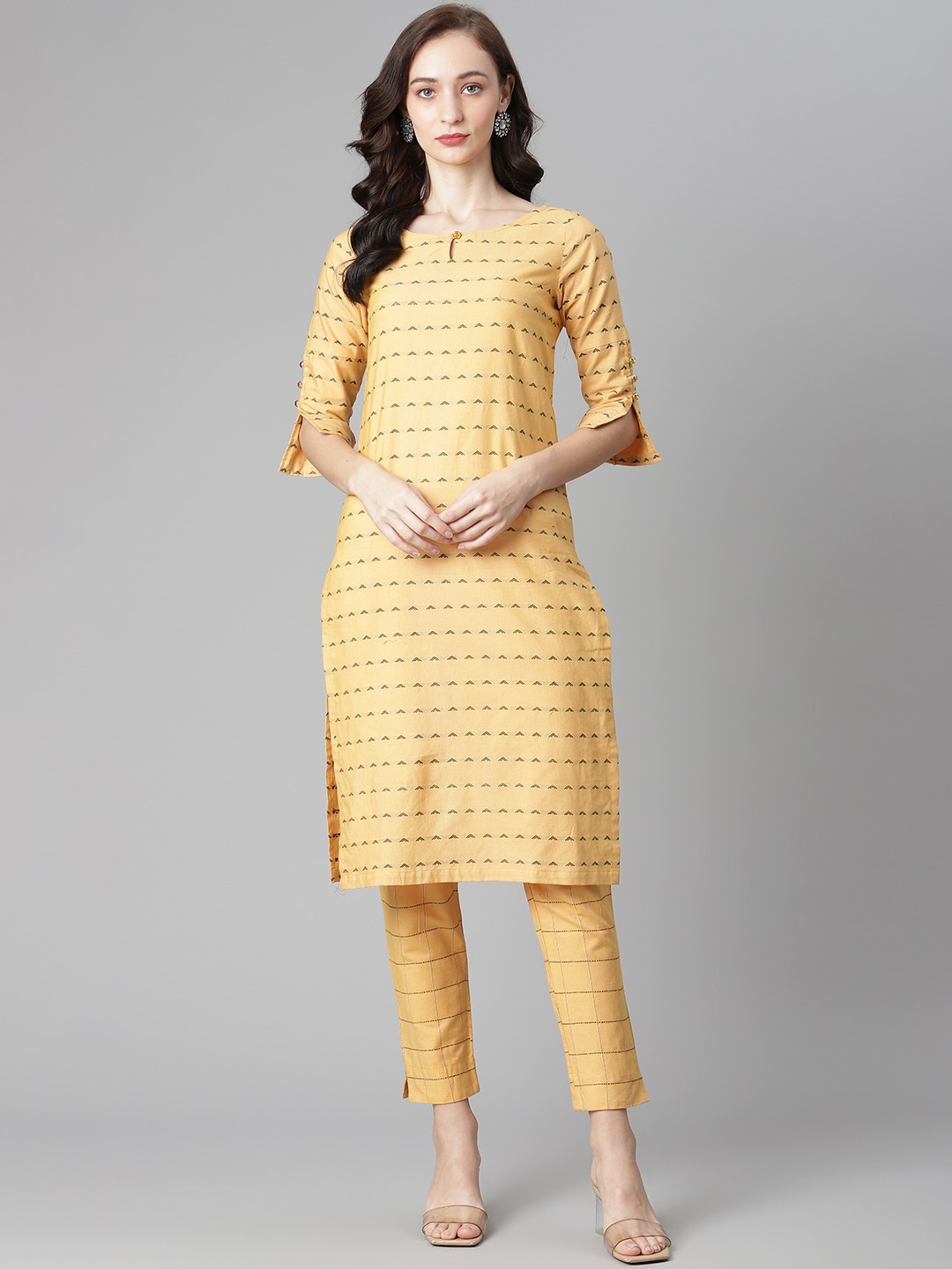 

Poshak Hub Woven Design Keyhole Neck Kurta with Trousers, Beige