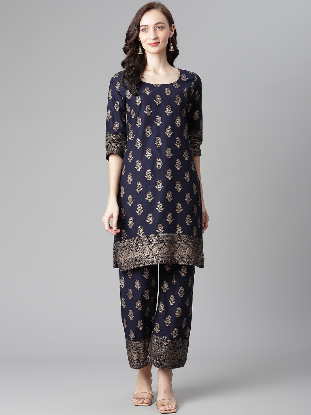 

Poshak Hub Ethnic Motifs Printed Pure Cotton Kurta With Palazzos, Navy blue