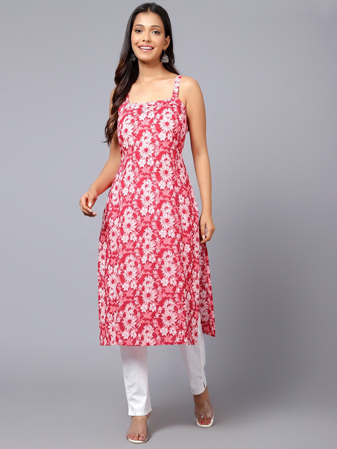 

Bani Women Floral Printed Shoulder Straps Pure Cotton Kurta, Pink