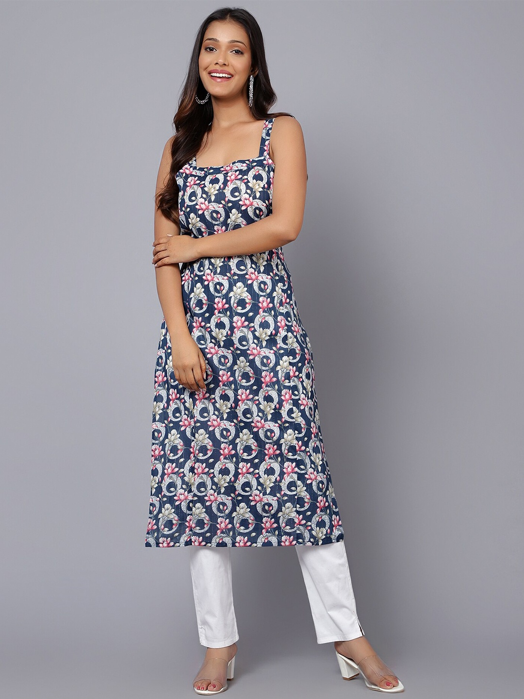 

Bani Women Floral Printed Shoulder Straps Pure Cotton Kurta, Blue