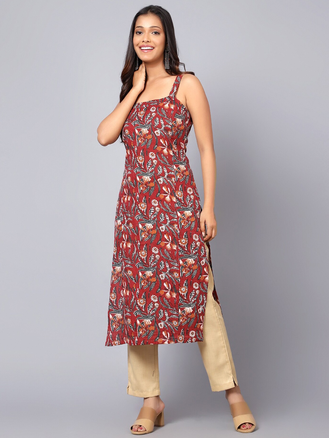 

Bani Women Floral Printed Shoulder Straps Pure Cotton Kurta, Red