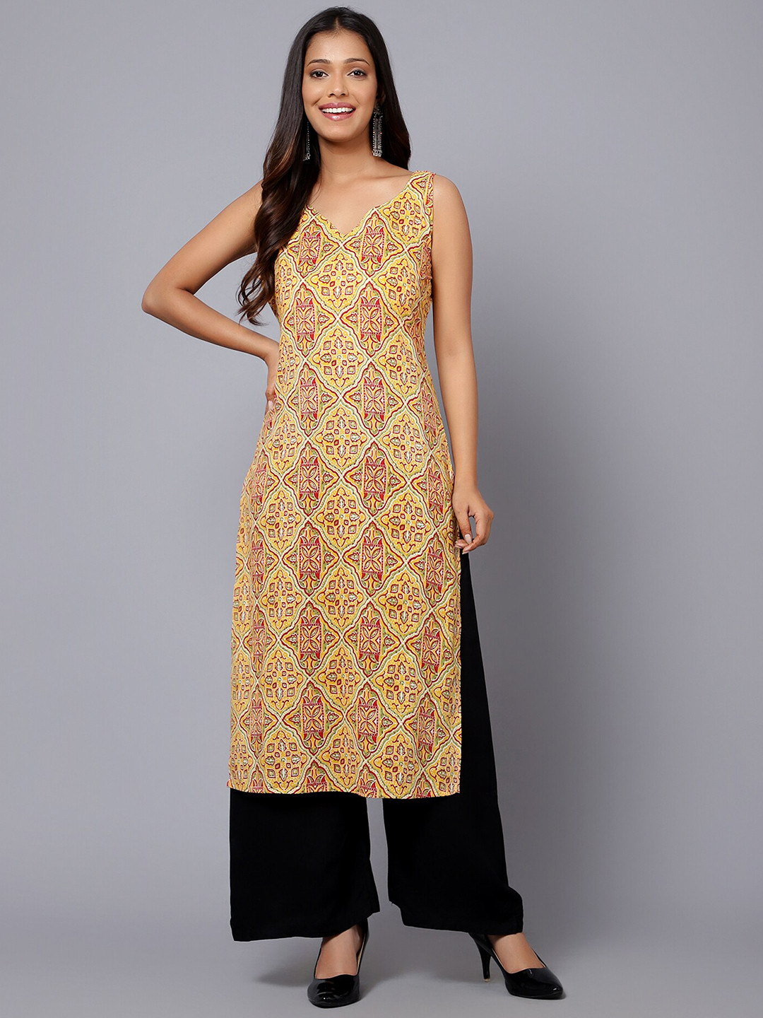 

Bani Women Ethnic Motifs Printed Shoulder Straps Pure Cotton Kurta, Yellow