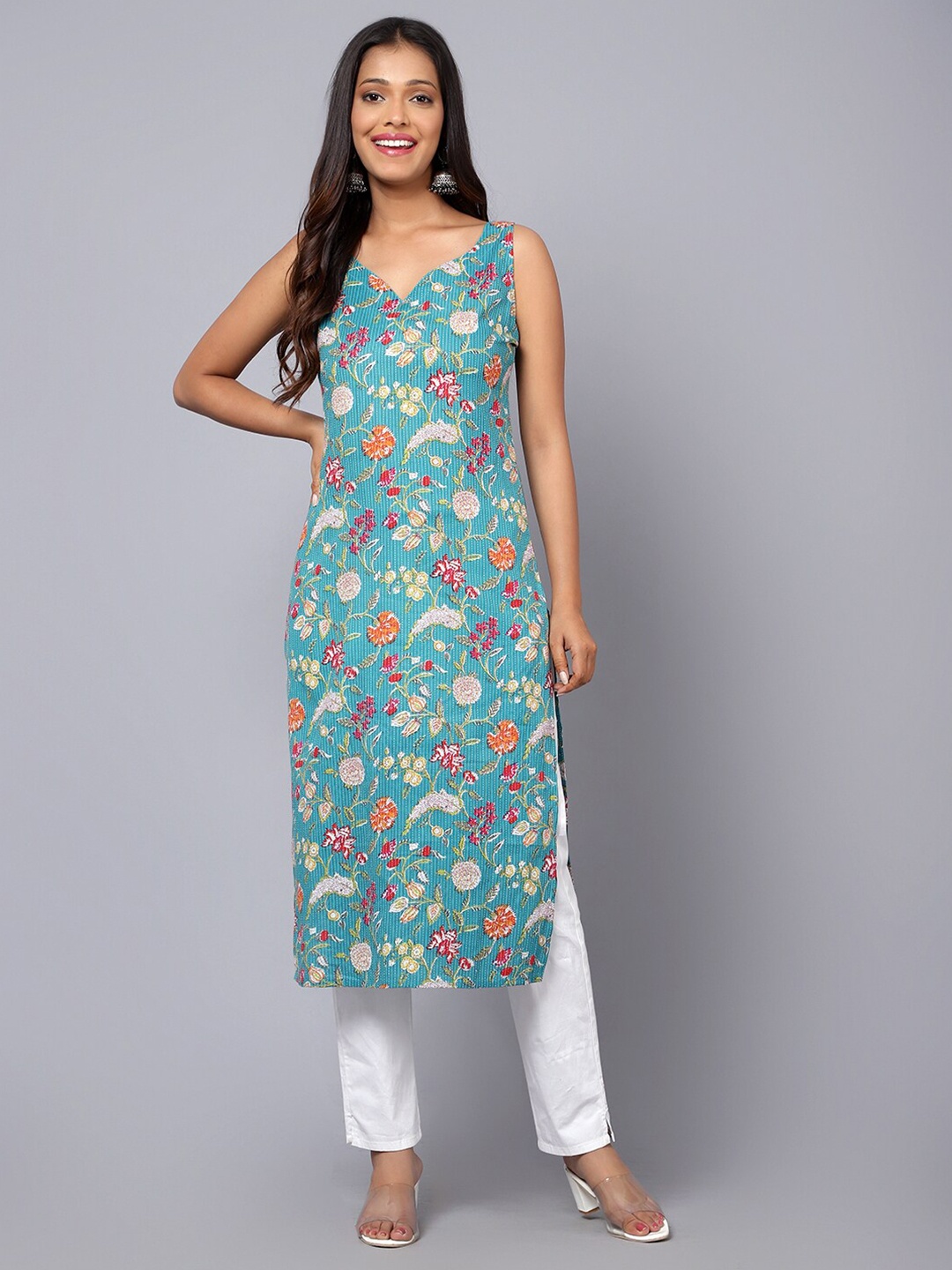 

Bani Women Floral Printed Shoulder Straps Pure Cotton Kurta, Turquoise blue