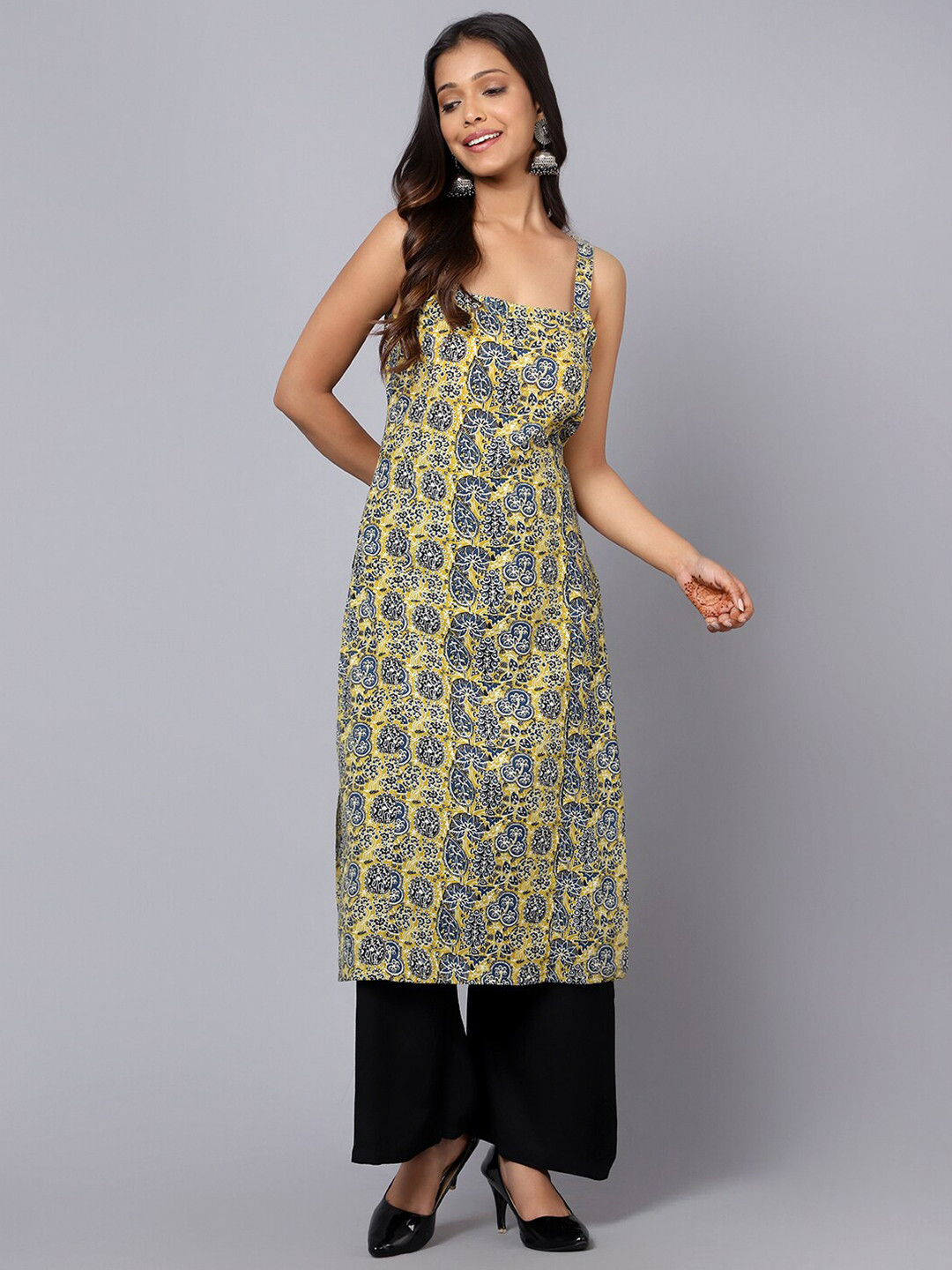 

Bani Women Floral Printed Straight Pure Cotton Kurta, Yellow