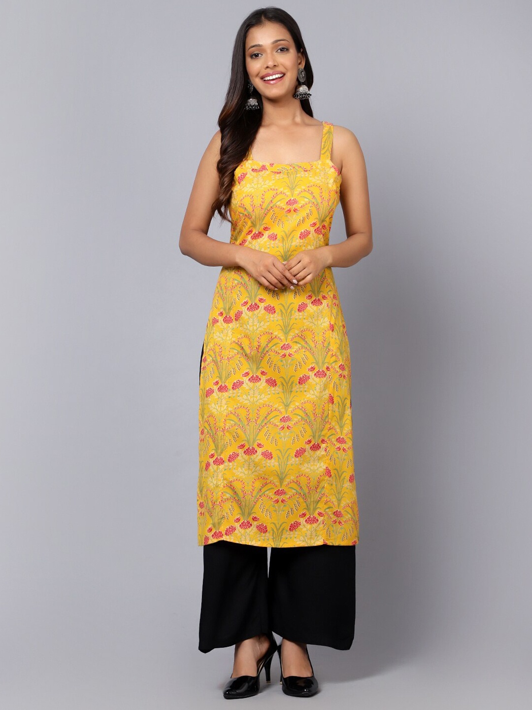 

Bani Women Floral Printed Shoulder Straps Pure Cotton Kurta, Yellow