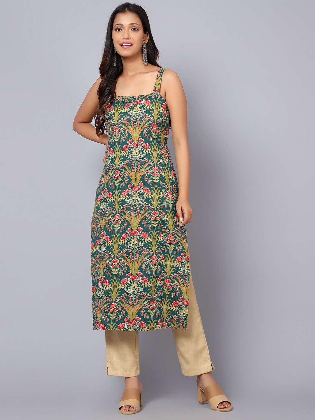 

Bani Women Floral Printed Shoulder Straps Pure Cotton Kurta, Green