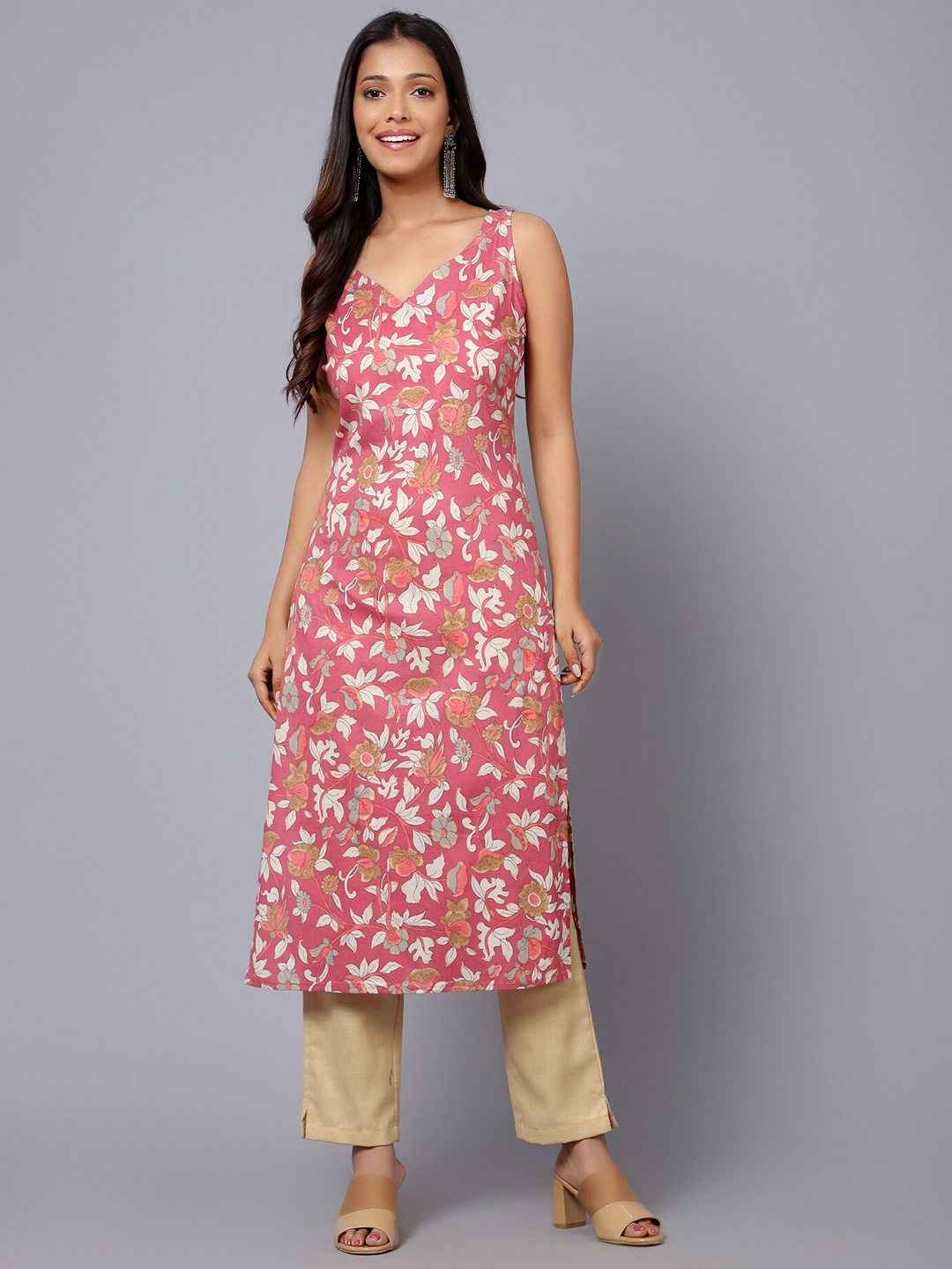 

Bani Women Floral Printed Shoulder Straps Pure Cotton Kurta, Pink