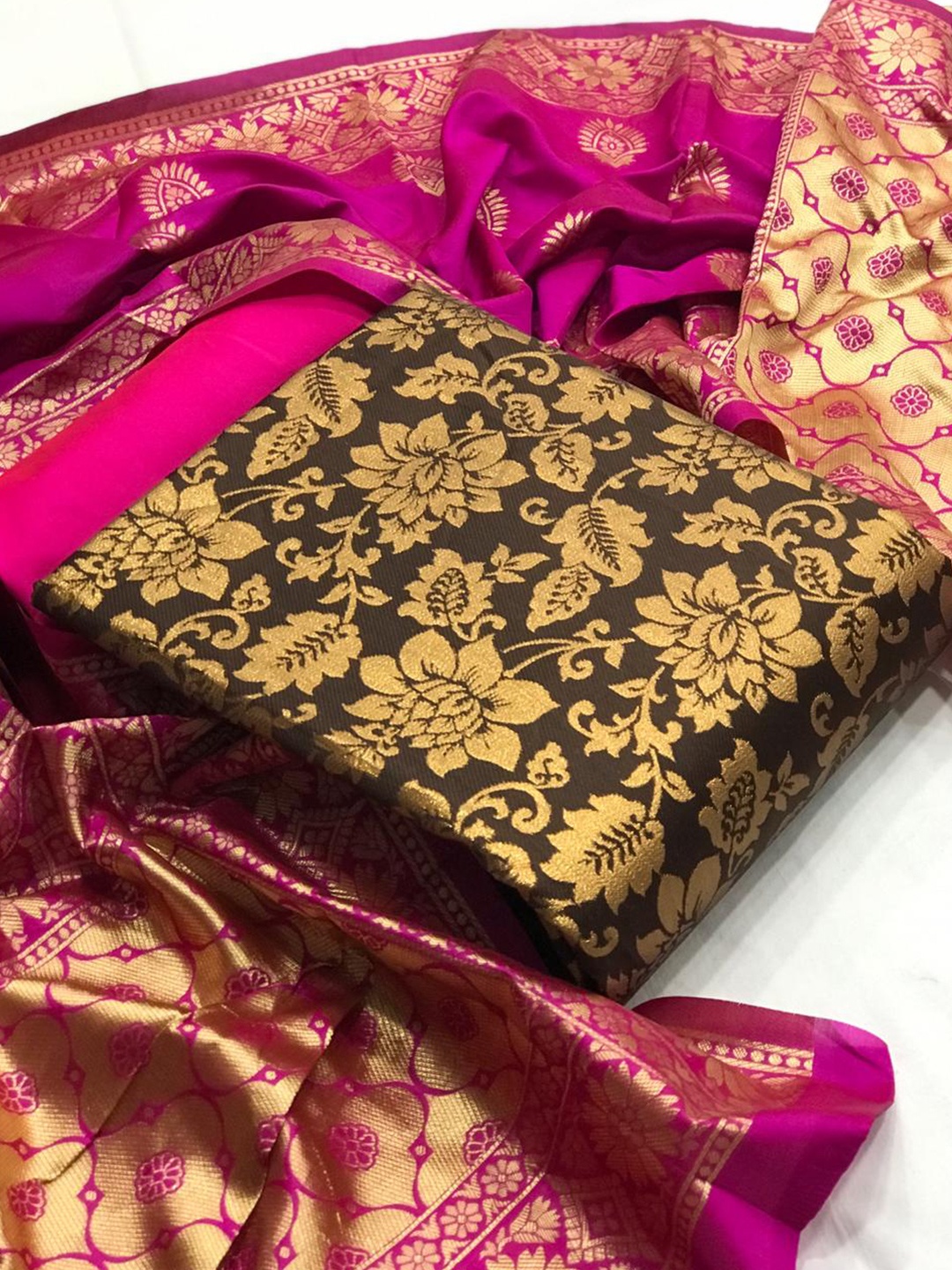 

MORLY Floral Motifs Woven Design Banarasi Silk Unstitched Dress Material, Brown