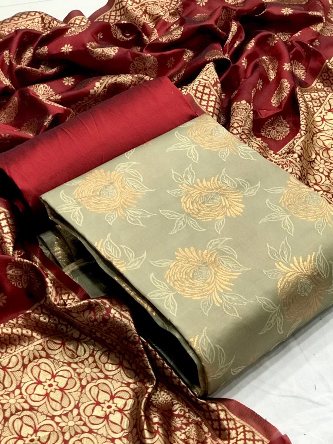 

MORLY Floral Motifs Woven Design Banarasi Silk Unstitched Dress Material, Beige
