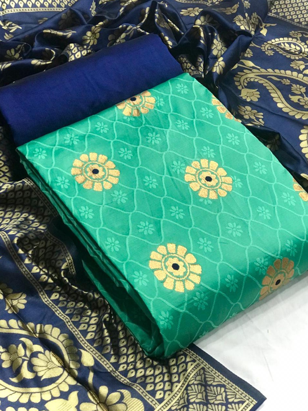 

MORLY Floral Motifs Woven Design Banarasi Silk Unstitched Dress Material, Sea green
