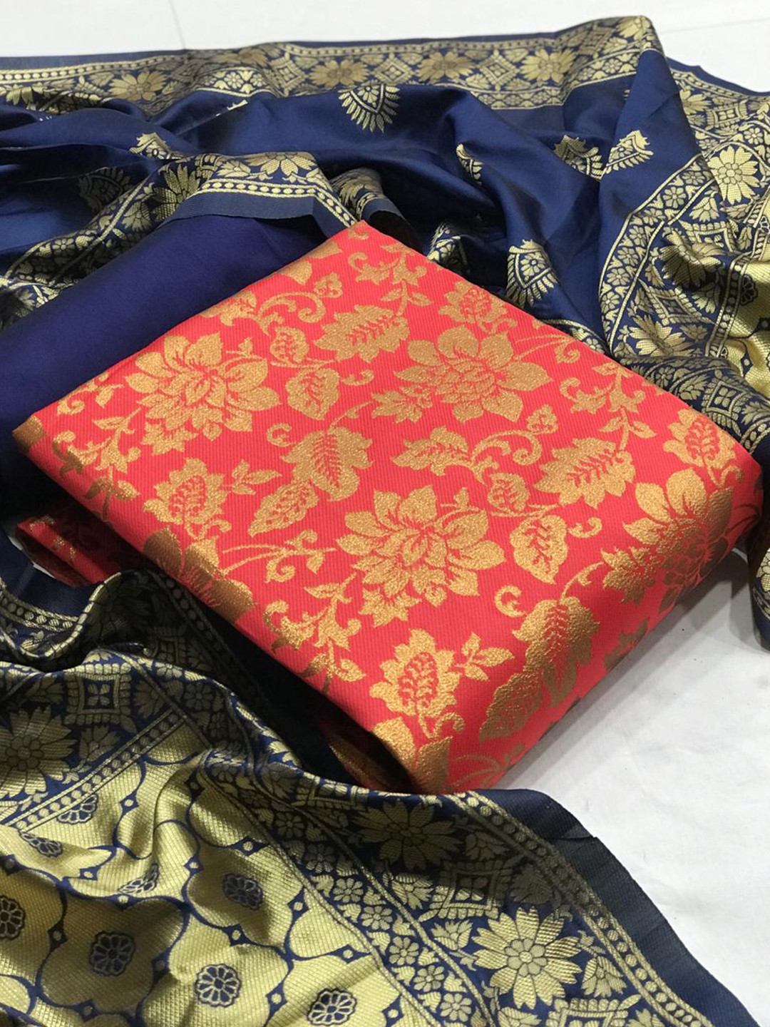 

MORLY Floral Motifs Woven Design Banarasi Silk Unstitched Dress Material, Peach